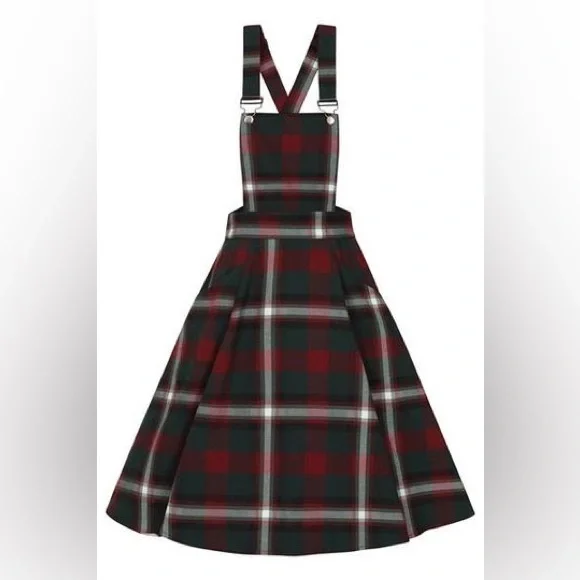 Collectif Kayden Festive Check Dungaree Dress Size XS Red Green Plaid Pinafore - Picture 2 of 14